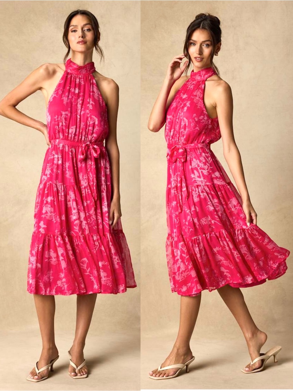 NWT LULUS Floral Chiffon Halter Neck Tier Ruffle Fairycore Wedding Guest Dress L